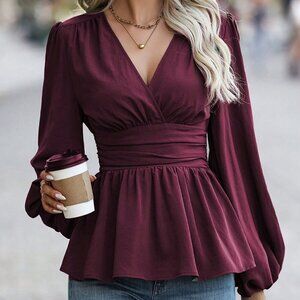 Burgundy Elegant Women's Pleated Lantern Sleeve Blouse